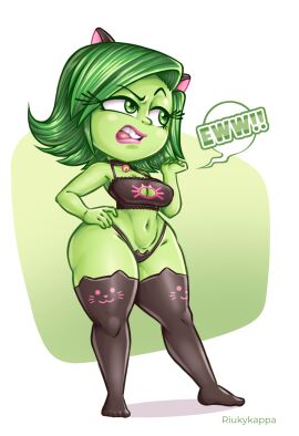 1girls alternate_costume bell boob_window breasts cat_cutout cat_keyhole_bra clothing disgust_(inside_out) disgusted fake_animal_ears feet female full_body green_eyes green_hair green_skin inside_out large_breasts lingerie open_mouth riukykappa speech_bubble teeth thighhighs