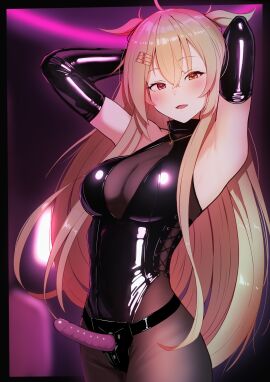 :d absurdres ahoge armpits arms_up bad_source black_border black_gloves black_leotard blonde_hair blush bodystocking bondage_outfit border breasts brown_eyes commission cowboy_shot dildo dominatrix elbow_gloves female gloves hair_flaps hair_ornament hairclip heterochromia highres jewelry kantai_collection katsuten large_breasts latex latex_gloves latex_leotard leotard long_hair looking_at_viewer murasame_(kancolle) necklace open_mouth outside_border red_eyes sex_toy skeb_commission smile solo strap-on very_long_hair