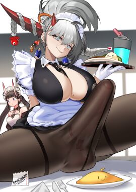 1futa asymmetrical_horns azur_lane balls big_balls big_breasts breasts bulge clothed clothing dragon_girl dragon_horns earrings erection erection_under_clothes erection_under_pantyhose erotanuki female food foreskin fully_clothed futa_focus futanari grey_hair hakuryuu_(azur_lane) hakuryuu_(slice_dice_and_serve)_(azur_lane) holding_plate huge_cock humanoid humanoid_penis intersex large_breasts large_penis light-skinned_futa light_skin maid maid_uniform mole mole_on_breast noshiro_(azur_lane) on_table oni_female oni_horns pantyhose partially_retracted_foreskin penis restaurant retracted_foreskin ribbon ribbon_around_penis sitting solo_focus spread_legs stretched_clothing tenting testicles thick_thighs tie tie_between_breasts tilted_head uncircumcised uncut