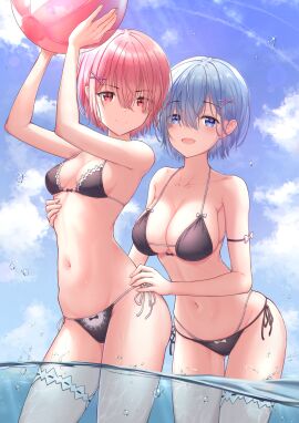 2girls almost_naked almost_nude armband armpits arms_above_head arms_up bare_armpits bare_arms bare_back bare_belly bare_chest bare_hands bare_hips bare_legs bare_midriff bare_navel bare_shoulders bare_skin bare_thighs bare_torso beach_ball belly belly_button bikini bikini_bottom bikini_only bikini_top black_armband black_bikini black_bikini_bottom black_bikini_only black_bikini_top black_string_bikini black_swimsuit black_swimwear blue-haired_female blue_background blue_eyebrows blue_hair blue_sky breast_size_difference breasts busty busty_female busty_teenager child_bearing_hips cleavage closed_mouth_smile clouds collarbone day daytime dot_nose dripping_wet elbows exposed exposed_armpits exposed_arms exposed_belly exposed_legs exposed_midriff exposed_shoulders exposed_thighs eyebrows_visible_through_hair female female_focus fingernails fingers flat_belly flat_breasts flat_chest flat_chested grin groin hair_between_eyes hair_ornament hair_ornaments hairpin half_naked half_nude hand_on_another's_hip hand_on_another's_torso hand_on_another's_waist hand_on_hip hand_on_torso hand_on_waist hands_above_head hands_up high_resolution highres horizon hourglass_figure large_breasts lean_figure legs legs_together light-skinned_female light_skin looking_at_viewer marinesnow medium_hair multiple_females multiple_girls naked naked_female narrow_waist navel nipple_bulge nude nude_female nudity ocean open_mouth open_mouth_smile outdoor_nudity outdoors outside parted_lips partially_submerged partially_submerged_legs petite petite_body petite_breasts petite_female pink-eyed_female pink-haired_female pink_eyebrows pink_eyes pink_hair pussy ram_(re:zero) re:zero_kara_hajimeru_isekai_seikatsu red-eyed_female red_eyes rem_(re:zero) sea seaside short_hair shoulders side-tie_bikini sideboob sisters skinny skinny_female skinny_waist sky slender_body slender_waist slim_female slim_waist small_breasts smile smiley_face smiling_at_viewer smirk smooth_chest smug soaked standing string_bikini submerged_feet submerged_legs swimsuit swimwear teenage_female teenager thick_thighs thigh_gap thighband thighs thin_waist tongue underboob upper_body v-line wet wet_belly wet_bikini wet_body wet_breasts wet_face wet_hair wet_legs wet_skin wet_thighs white_thighband wide_hips