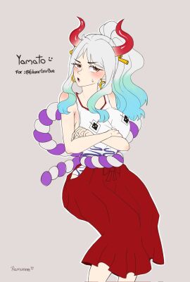 blushing female female_only hair_ornament horns looking_at_viewer one_piece ramonee red_skirt tagme two-tone_hair white-haired_female white_hair yamato_(one_piece)