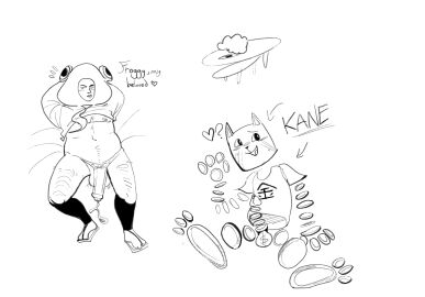 2d 2d_(artwork) balls black_and_white cat_ears cat_humanoid coins dream_bbq ena_(series) froggy_(dream_bbq) hairy hairy_male iamthebus joel_g kane_(dream_bbq) kane_(ena) laying_down male male_only money money_bag penis sitting testicles