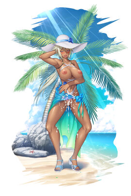 2024 arm_behind_head arm_up armpits bare_shoulders beach big_breasts blonde_hair blue_eyes blue_sky blush breasts cara_the_blood_lord cleavage clothing_aside cloud cloudy_sky collarbone commentary_request covered_nipples cum cum_in_pussy cum_on_body dark-skinned_female dark_skin day earrings female fingernails forehead_jewel full_body hairless_pussy hand_up hat highleg highleg_one-piece_swimsuit highres huge_breasts jewelry large_breasts legs_apart lips long_hair looking_at_viewer low_ponytail marika_krishna nail_polish naughty_face navel nipples nobushito ocean official_art one-piece_swimsuit outdoors palm_leaf palm_tree pubic_tattoo puffy_nipples pussy rock sand sandals sarong see-through shaved_pussy shiny_skin shore sky smile solo starfish stomach sun_hat sunlight swimsuit swimsuit_aside taimanin_(series) taimanin_rpgx tattoo toeless_footwear toenail_polish toenails toes tongue tongue_out tree