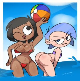 2024 2d 2girls ass beach beach_ball big_ass big_breasts bikini black_eyes black_hair blue_eyes blue_hair breasts clothing cute dark-skinned_female dark_skin dreamberry_(vilepluff) female light-skinned_female light_skin original_character purple_clothing red_clothing rob_(vilepluff) vilepluff wink