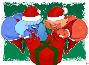 2girls aspirantpill ass bangs_over_eyes bell_collar big_ass blue_hair blue_skin christmas christmas_outfit elbow_gloves female gem_(species) heart lingerie orange_hair orange_skin padparadscha_(steven_universe) peace_sign present santa_hat sapphire_(steven_universe) steven_universe stockings tagme thighhighs tongue tongue_out wobbling_ass