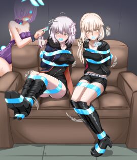 3girls anger_vein artoria_pendragon_(alter) bondage bound bound_legs bound_together fate/grand_order fate_(series) female female_only femsub gag gagged jeanne_alter lipstick lipstick_gag sitting thalter39o