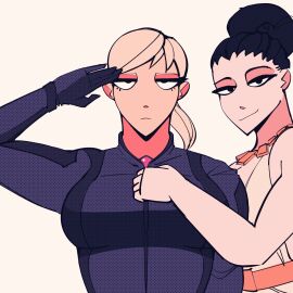 2d 2girls animated big_breasts biohazard bodysuit breasts breasts_out cdlum drool drool_string drooling excella_gionne female femsub gif hypnosis jill_valentine jill_valentine_(blonde) mind_control multiple_females multiple_girls parasite resident_evil resident_evil_5 skin_tight skintight skintight_bodysuit smile smiling smiling_at_viewer tongue tongue_out unzipped_bodysuit