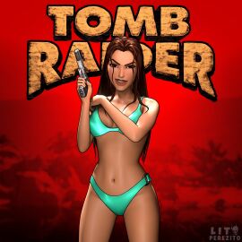 1girls 3d 3d_(artwork) 3d_model british brown_eyes brown_hair daemoncollection eidos female female_focus female_human female_only hair_down holding_gun lara_croft lara_croft_(classic) light-skinned_female light_skin long_hair looking_at_viewer smiling_at_viewer solo solo_female solo_focus swimsuit tomb_raider