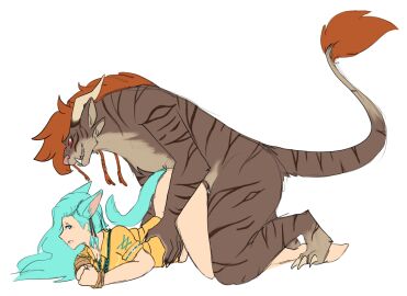 blue_eyes blue_hair bondage cat_ears cat_girl cat_tail catgirl charr doggy_style dominant_male female female_penetrated furry furry/human guild_wars_2 guildwars2 human male male/female male_penetrating questionable_consent rope stomach_bulge submissive_female