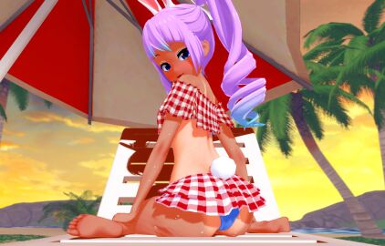 ass back_view beach big_ass big_butt bunny_girl bunny_tail comadre comrade_karin female purple_hair swimsuit tan tan_body virtual_youtuber vtuber