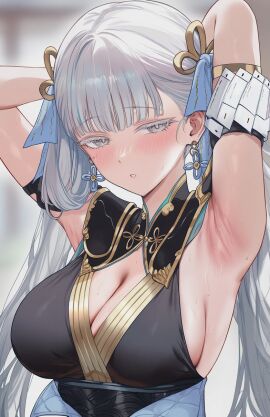 1girls breasts female grey_eyes grey_hair jinhsi_(wuthering_waves) large_breasts long_hair looking_at_viewer presenting_armpit wuthering_waves