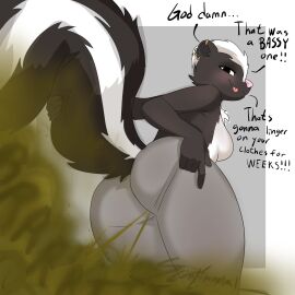anthro ass big_ass big_butt black_and_white_fur blush breasts chest_tuft ear_piercing fart fart_cloud fart_fetish farting farting_at_viewer fat_ass featureless_breasts female fluffy_tail furry furry_female green_fart head_tuft huge_ass looking_at_viewer scentimental skunk skunk_girl sweatpants tail talking_to_viewer tongue tongue_out topless topless_female white_hair