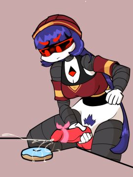 1futa blue_hair cum cumming cumming_on_food doll_(murder_drones) donut futanari intersex masturbation murder_drones penis red_eyes red_penis robot robot_humanoid