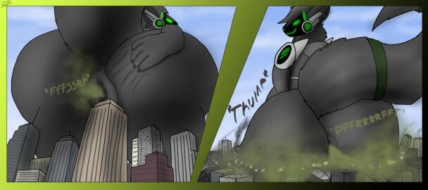 ace_the_protogen anthro anus ass big_butt building butt_crush city cloud crush digital_media_(artwork) english_text fart fart_cloud fart_fetish fur hair machine macro male mammal nude outside protogen protogen_visor size_difference sky smile solo sound_effects sparktra12 tail text