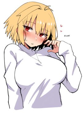 arcueid_brunestud bedroom_eyes big_breasts blonde_hair blush breasts bust female heart huge_boobs huge_breasts large_boobs large_breasts looking_at_viewer maz_515 red_eyes short_hair sweaty top_heavy torso tsukihime vampire vampire_girl
