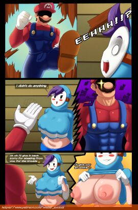 1boy 1girls bandit_(mario) big_breasts breasts breasts_out bulge clothed clothes_lift clothing comic dialogue english english_text exposed_breasts female gloves hood imminent_sex large_breasts male mario mario_(series) mask menacing menacing_(meme) mister_axolotl muscular muscular_male nervous nintendo nipple_bulge nipples paper_mario paper_mario:_the_thousand-year_door purple_hair sweat