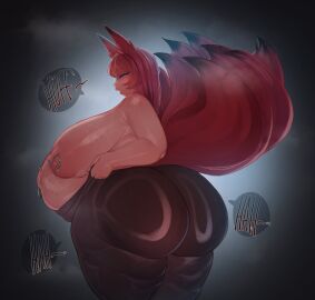 1girls animal_ears ass back_view breasts disproportional female female_only gigantic_ass gigantic_breasts huge_ass huge_breasts kemonomimi looking_at_viewer looking_back nipple_piercing nipples piercing pregnant ready_to_pop seruroku solo solo_female standing tail thick_thighs thunder_thighs topless wide_hips