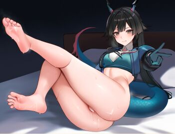 arknights arknights:_endfield ass ateoyh bar_censor barefoot bed_sheet black_gloves black_hair blue_horns blue_jacket blue_tail blush bottomless brown_eyes censored chen_qianyu_(arknights) closed_mouth commentary_request crop_top cum cum_in_pussy cum_on_ass cum_on_body cum_on_feet dragon_girl dragon_horns dragon_tail eastern_dragon_tail feet female foot_fetish gloves grey_gloves hand_up highres horns indoors jacket legs_up long_sleeves looking_at_viewer multicolored_tail on_bed pussy red_tail simple_background soles solo sweat tail thighs toes twintails two-tone_gloves v white_background