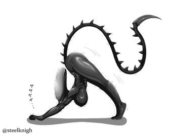 alien alien_(franchise) alien_girl ass athletic athletic_female big_ass big_breasts big_thighs black_body breasts dark_body female female_xenomorph femomorph flexible long_tail meme sharp_claws sharp_teeth simple_background steelknigh stretching tail watermark xenomorph yoruichi_pose yoruichi_stretch