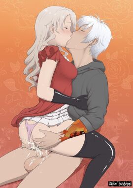 1boy 1girls ass ass_grab balls clothed clothed_sex cum cum_in_pussy cum_inside cum_overflow cum_splatter female gloves kissing kissing_while_penetrated light-skinned_female light_skin male nina_(sekirei) original_character panties panties_aside paulundead33 penis piercing platinum_blonde_hair pussy romantic romantic_couple sekirei sex tattoo vaginal_penetration veiny_penis white_hair