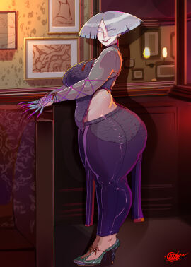 1girls a.k.i. ass big_ass bubble_ass bubble_butt clothing crystalcheese fat_ass female female_only fully_clothed huge_ass indoors large_ass looking_at_viewer side_view solo street_fighter street_fighter_6 thick_ass thick_thighs thunder_thighs white_hair wide_hips