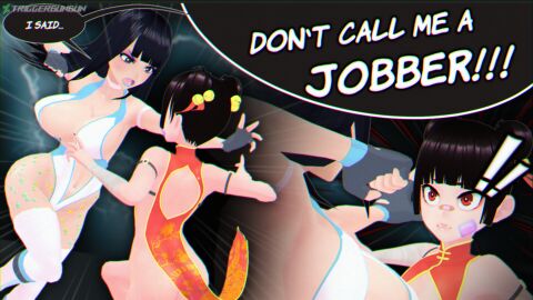 !! 2girls 3d 3d_(artwork) ass big_ass big_breasts big_butt black_hair breasts catfight chinese_clothes english english_text female female_focus female_only fight fighting going_commando height_difference jobber kimiko_nagasawa large_ass large_breasts leotard long_hair mei_li_fang no_panties original purple_eyes red_eyes short_hair size_difference speech_bubble surprise text triggerbunbun wrestling wrestling_outfit wrestling_ring