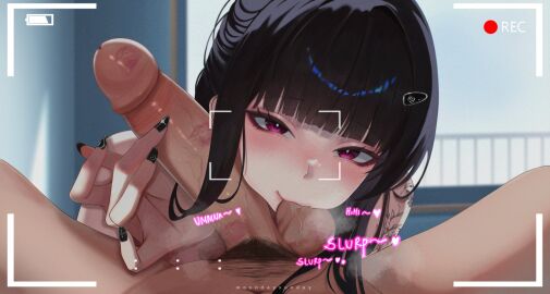 1boy adversarial_noise balls black_hair black_nails blunt_bangs commentary d_(killer_wife)_(nikke) d_(nikke) day erection eyelashes female goddess_of_victory:_nikke hair_on_penis highres indoors lipstick_mark lipstick_mark_on_penis lipstick_mark_on_testicles long_hair looking_at_viewer makeup male male_pubic_hair matchacha nail_polish nude oral penis penis_on_face pink_eyes pov pubic_hair railing recording saliva shoulder_tattoo sound_effects straight tattoo testicle_sucking testicles twitter_username uncensored veins veiny_penis