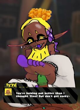 beauty_mark bedroom_eyes breasts clothed clothing deep_cut_(splatoon) dialogue droolyfooly english_text erection feet feet_on_penis female female_focus foot_fetish foot_focus footjob frye_(splatoon) fully_clothed futanari hairy humanoid humanoid_penis intersex marina_(splatoon) off_the_hook_(splatoon) on_back penis pierced_belly_button piercing pov pov_eye_contact ratsinablanket sitting smug splatoon teasing text trans_woman transfem