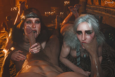 1boy 2girls 3d braid breasts cd_projekt_red ceeeeekc cerys_an_craite ciri crown feet_up female finger_in_mouth freckles french_nails licking_penis light-skinned_female light-skinned_male looking_at_viewer male mascara nipples nude oral oral_sex penis penis_grab precum red_hair scar the_witcher_(series) the_witcher_3:_wild_hunt the_witcher_4 wet_body white_hair witcher_medallion