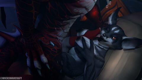 animal_genitalia big_breasts big_cock blizzard_entertainment boobjob breasts cydristrasz dracthyr dracthyr_male dragon paizuri straight tongue_out vulpera vulpera_female warcraft wickswarcraft wink