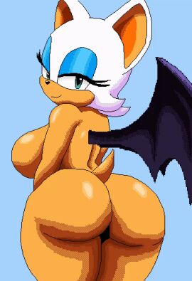 1girls animal_ears animated animated_gif anthro ass backboob bat_ears bat_wings breasts censored chunkiroll closed_mouth completely_nude cyan_background eyelashes eyeshadow female female_anthro gif green_eyes huge_ass huge_breasts looking_at_viewer naked_female nude nude_female pixel_art rouge_the_bat shadow_censor smile solo sonic_(series) standing tail thick_thighs thighs w wings