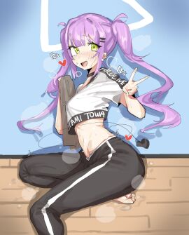 1girls ahoge bangs bangs_between_eyes barefoot belly black_choker black_legwear blush blush_lines breasts choker crop_top demon demon_girl demon_tail devil devil_tail earrings english english_text feet female foot_out_of_frame green_eyes hair_between_eyes hair_intakes heart holoforce hololive hololive_dance_practice_uniform hololive_japan leebongchun long_hair long_tail looking_at_viewer midriff midriff_baring_shirt navel open_mouth peace_sign purple_hair seiza short_sleeves sitting sitting_on_leg small_breasts solo sports_bra steam steaming_body steamy steamy_breath steamy_feet stomach striped_legwear stud_earrings sweat sweating sweaty sweaty_body tokoyami_towa towl track_pants tremble_spikes trembling twintails twintails_(hairstyle) v virtual_youtuber