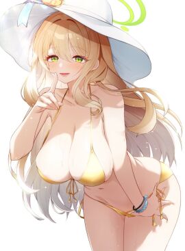 1girls alternate_costume ass bent_over bikini blonde_hair blue_archive blush bracelet bracelets breasts cleavage clothes_pull collarbone female female_only front-tie_bikini_top front-tie_top green_eyes green_halo halo hanging_breasts hat huge_breasts large_ass large_thighs leaning_forward long_hair looking_at_viewer navel nonomi_(blue_archive) nonomi_(swimsuit)_(blue_archive) official_alternate_costume panties_pull panty_pull pointing simple_background smiling solo sun_hat swimsuit thighs white_background yellow_bikini