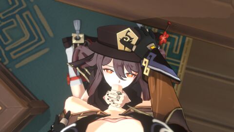 1boy 1girls 3d black_nails blowjob brown_hair chair clothed desk fellatio genshin_impact grabbing_penis handjob_while_sucking hat holding_head holding_penis horny hu_tao_(genshin_impact) kneeling kneeling_oral_position looking_at_viewer mattress penis petite pleasure_face pov red_eyes rings sansonnsfw smile standing sucking_penis twintails wholesome zhongli_(genshin_impact)