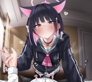 animal_ears black_choker black_hoodie black_panties black_pants black_pantyhose blue_archive blunt_bangs blush cat_choker cat_ears cat_girl choker clothing_aside colored_inner_animal_ears colored_inner_hair cowgirl_position female green_sailor_collar hair_behind_ear heart holding_hands hood hoodie kazusa_(blue_archive) looking_at_viewer medium_hair multi_ear multicolored_hair panties panties_aside pants pantyhose pink_ribbon pov ribbon sailor_collar shirt sidelocks skirt steaming_body togetoge_(jakusanseimk2) underwear white_shirt white_skirt