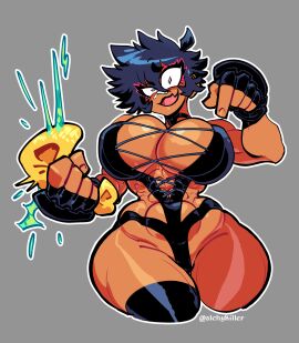 1girls abs alchykiller artist_name biceps big_breasts blue_hair breasts color dark-skinned_female dark_skin eyelashes fangs female female_only fingerless_gloves grey_background hourglass_figure huge_breasts liquid looking_at_viewer muscular muscular_arms muscular_female pointing_down raised_eyebrows rinko_(alchykiller) shiny_skin sponge squeezing swimsuit tan_body tanline thick_thighs vampire voluptuous voluptuous_female wide_hips