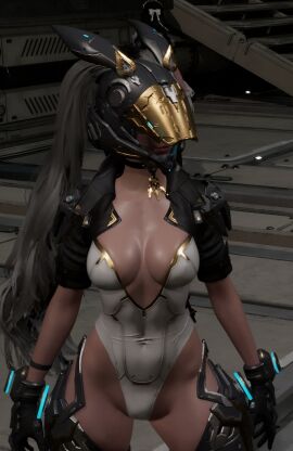 3d armor big_breasts breasts bunny_(the_first_descendant) female grey_hair helmet screencap the_first_descendant thick_thighs