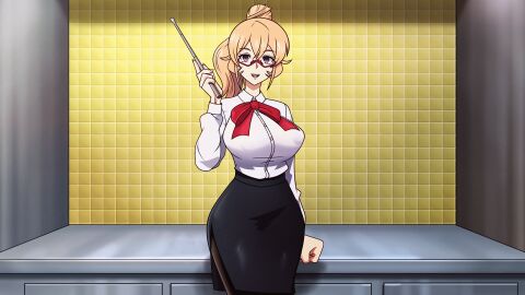 alternate_costume alternate_hairstyle animated black_pantyhose blonde-haired_female blonde_hair breasts dress female female_only glasses hair_between_eyes laceysx laceyxitzal large_breasts nakiri_erina pantyhose ponytail purple_eyes shokugeki_no_souma solo_focus teacher_outfit thick_thighs thighs uncensored wide_hips