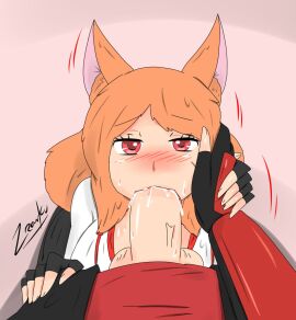 akemi_kurama blush_lines clothed faunus fellatio fox_ears hand_on_face jin_satou on_knees orange_hair original_character original_characters pov red_eyes rwby zronku