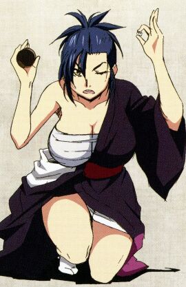 blue_eyes breasts cleavage dice female gambling highres japanese_clothes kimono large_breasts legs manyuu_chifusa manyuu_hikenchou official_art one_eye_closed patterned ponytail reference_sheet sarashi scan simple_background solo straight-on takagi_jun thighs