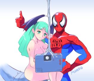 1boy 1girls ass breasts capcom crossover darkstalkers demon eastern_and_western_character female male marvel marvel_comics marvel_vs._capcom morrigan_aensland nude peter_parker spider-man spider-man_(series) succubus supermondobeat tagme