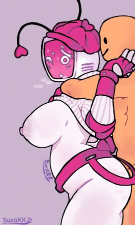 1boy 1boy1girl 1girls areolae ass big_ass big_breasts bottomless breasts breasts_out cap female forsaken forsaken_(roblox) gray_background heart_symbol huge_breasts lovebug_veeronica male nipples noob noob_(forsaken) noob_(roblox) pink_accessory pink_areola pink_cap protection roblox roblox_game robloxian robot_girl self_upload side_view standing suvakk thighs tv_head tv_head_robot veeronica white_body yellow_body