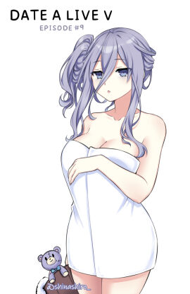 2d 2d_(artwork) big_breasts blue_eyes breasts date_a_live female female_only grey_hair light-skinned_female light_skin long_hair milf murasame_reine shinashiro solo solo_female teddy_bear thighs towel towel_over_breasts