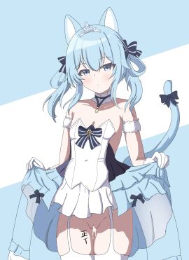 animal_ears azur_lane bare_shoulders black_ribbon blue_eyes blue_hair bottomless breasts cat_ears cat_girl cat_tail closed_mouth clothes_lift cum cum_in_pussy dress dress_lift erciyuan_fan_mou female frilled_dress frills garter_straps gloves groin highres light_blush medium_hair official_alternate_costume pussy ribbon simple_background sleeveless sleeveless_dress small_breasts solo suzunami_(azur_lane) suzunami_(winter_beauty's_ball_gown)_(azur_lane) tail tail_ornament tail_ribbon tally thighhighs tiara white_garter_straps white_gloves white_thighhighs