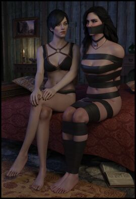 2girls 3d black_bra black_hair black_panties bondage bound bound_arms bound_legs bra female female_only fringilla_vigo gag gagged lord_kamski panties tape_bondage tape_gag the_witcher_(series) underwear yennefer
