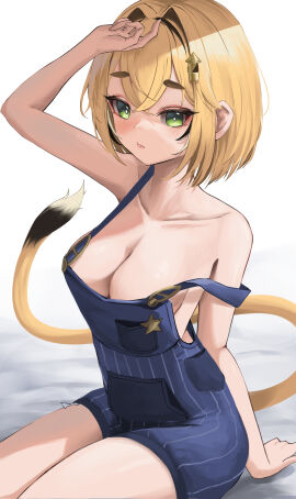 blonde_hair breasts cleavage conductor_uniform dooby3d female green_eyes hand_above_head hand_behind_back indie_virtual_youtuber jerboa jerboa_humanoid looking_at_viewer onzzy sideboob sitting strap_slip tail thick_thighs virtual_youtuber