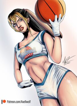 ball_(object) basketball basketball_uniform blonde_hair blue_eyes breasts cleavage clothes_writing crop_top female gloves large_breasts lips long_hair midriff navel nose short_shorts shorts soccer_uniform solo sportswear toned watermark web_address white_gloves