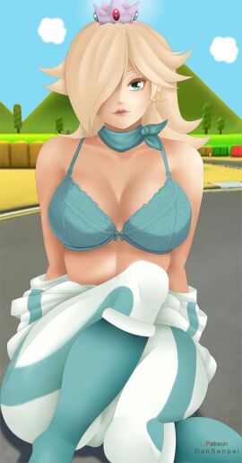 1girls blonde_hair blue_bra bow bow_bra bra breasts cleavage clothes_pull crown female female_only hair_covering_eye looking_at_viewer mario_(series) mario_circuit mario_kart nidavellirstudios outdoors princess_rosalina silver_crown snes_mario_circuit solo solo_female solo_focus tracksuit