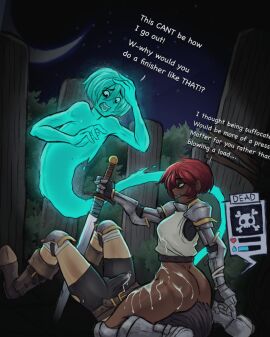 69 69_position armor background bad_end belt boots cottt_(artist) cum cum_on_body cum_on_legs cum_on_stomach cum_on_thighs cum_through_clothes cumshot dark-skinned_female dark_skin death death_by_snoo_snoo death_by_snu_snu death_orgasm defeated defeated_hero english_text facesitting female femdom final_orgasm game_over gameplay_mechanics ghost gloves green_eyes hands-free handsfree_ejaculation health_bar health_points knight lose male male_death medieval medieval_armour original original_character red_hair skull skull_and_crossbones smothering status_bar status_effect straight sword text warrior weapon