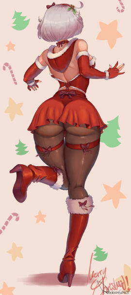 1girls ahoge alternate_ass_size ass big_ass big_butt black_pantyhose choker christmas dress elbow_gloves elphelt_valentine female female_focus female_only gloves grey_hair guilty_gear guilty_gear_strive hairband highres hood hood_down huge_ahoge pantyhose red_choker red_dress red_footwear red_gloves red_hairband redoart short_hair skirt skirt_flip standing standing_on_one_leg white_hair
